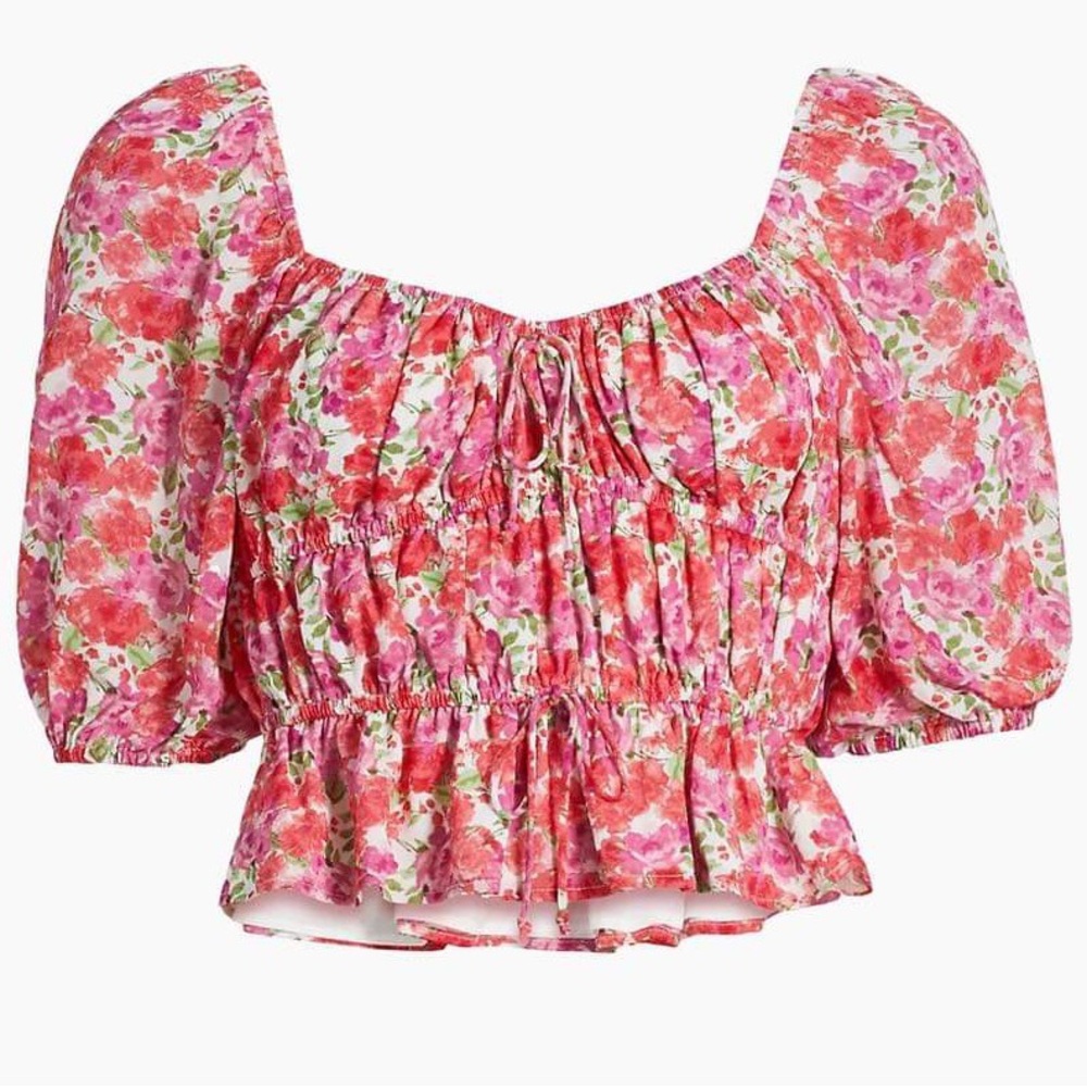 Avra Floral Puff-Sleeve Crop Top
Color: RED PURPLE ROSES 
Size Large 
Quantity 1